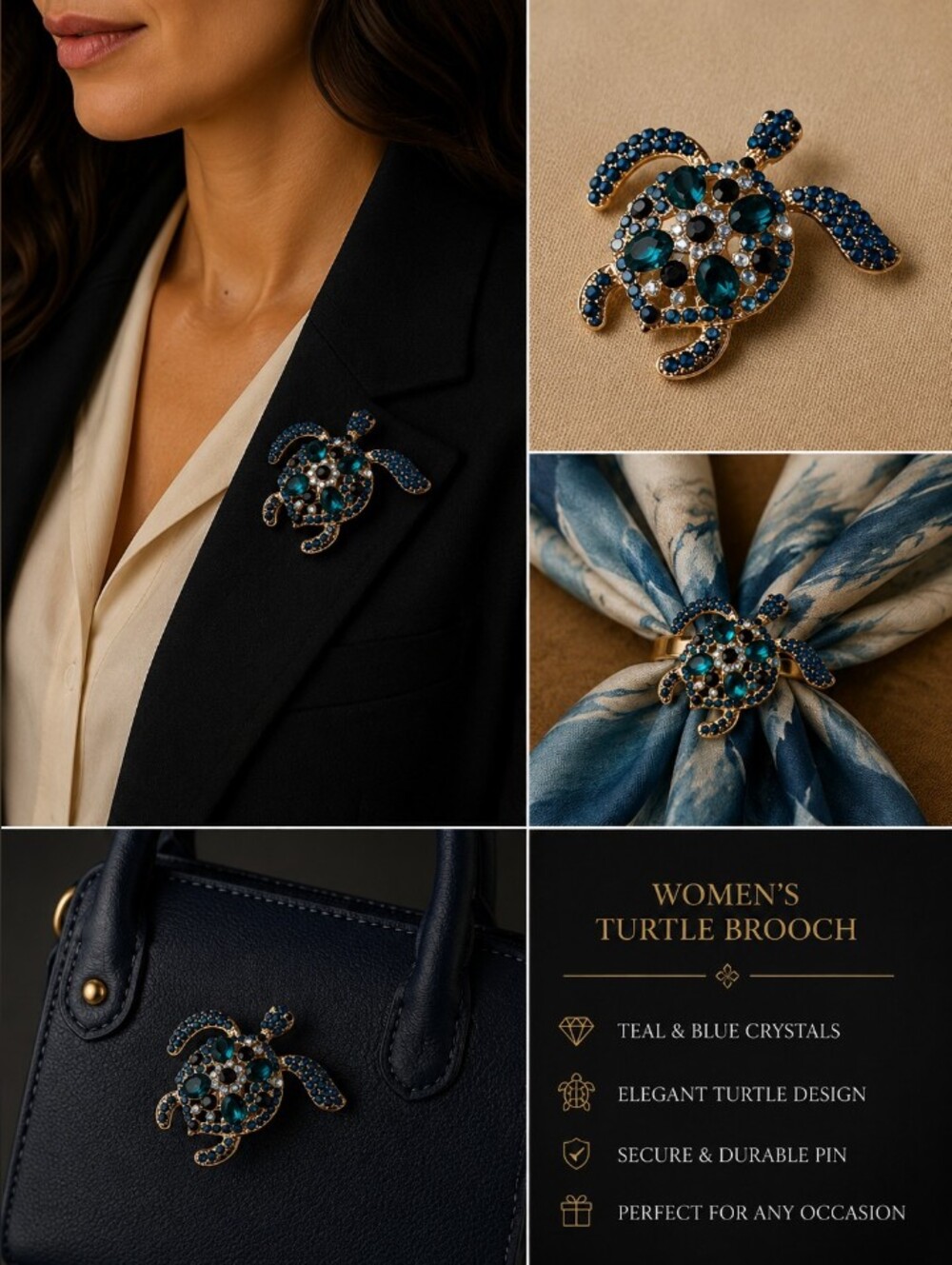 Women’s Turtle Brooch with Teal & Blue Crystals